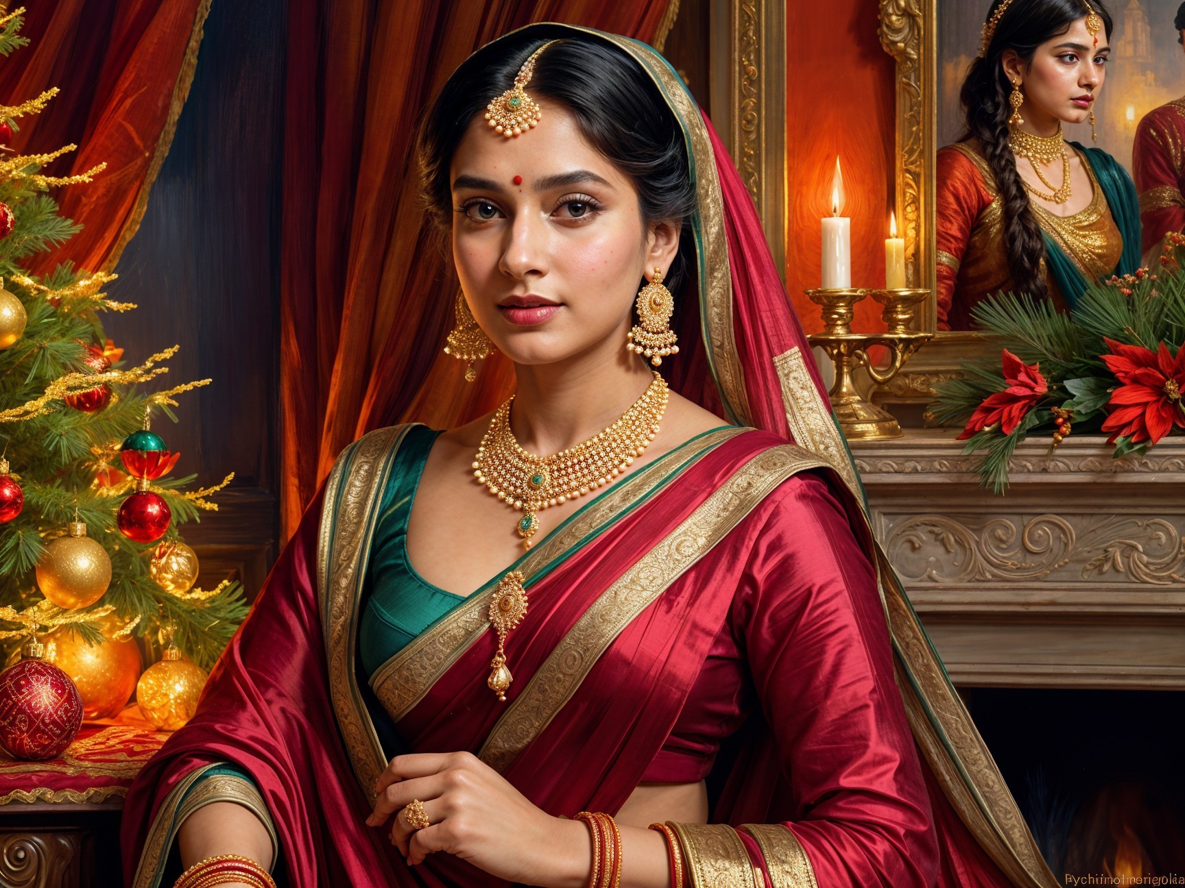 Elegant Woman in Traditional Attire with Christmas Tree