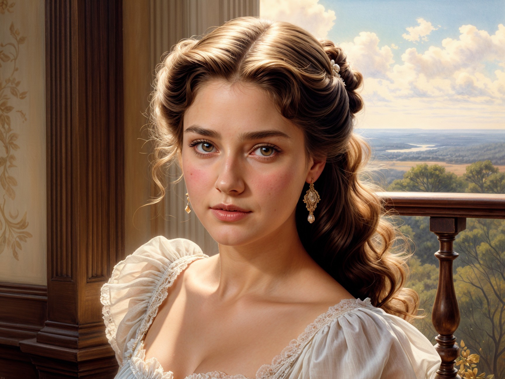 Young Woman in Elegant Dress Against Serene Landscape