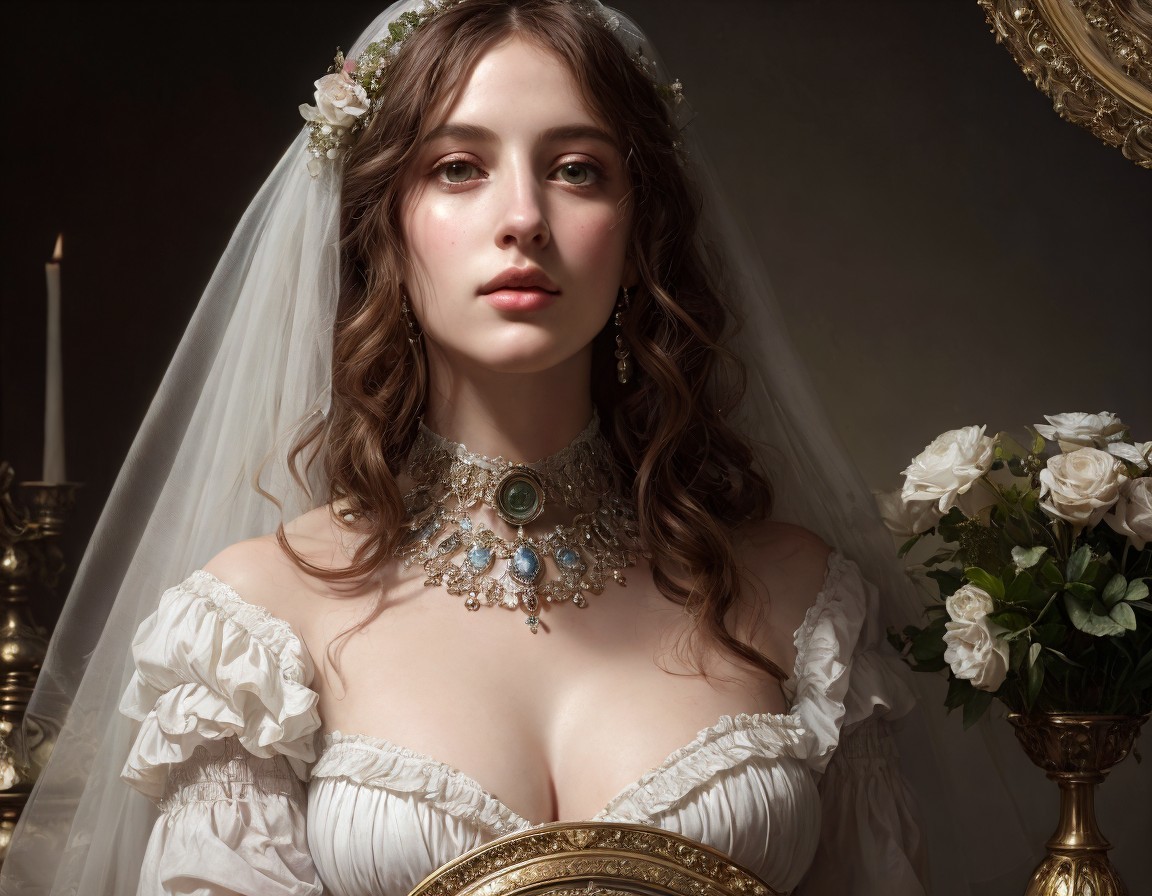 Bridal Gown with Veil and Romantic Floral Setting