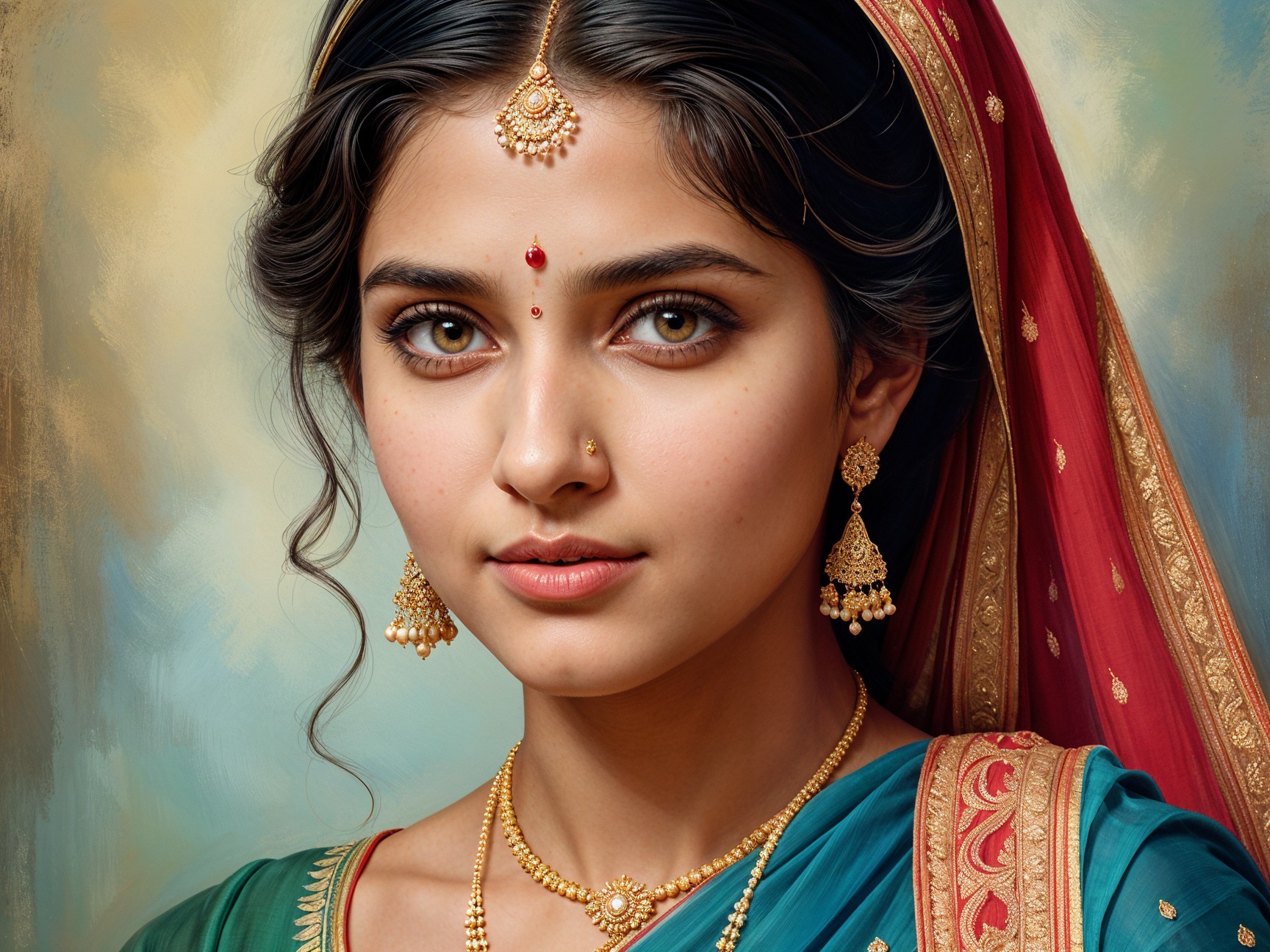 Traditional Attire of a Young Woman in Teal Saree