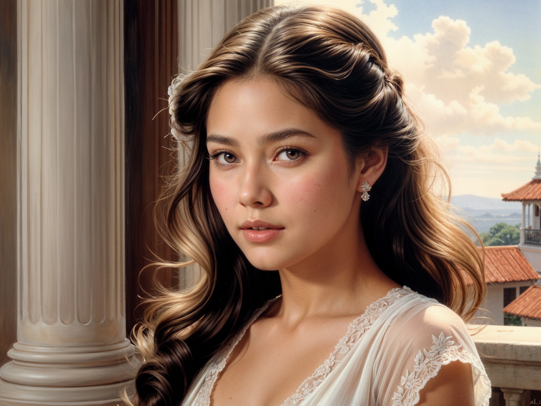 Young woman in lace gown by classical architecture