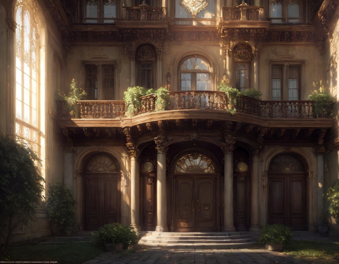 Grand Entrance of Historic Mansion with Architectural Details