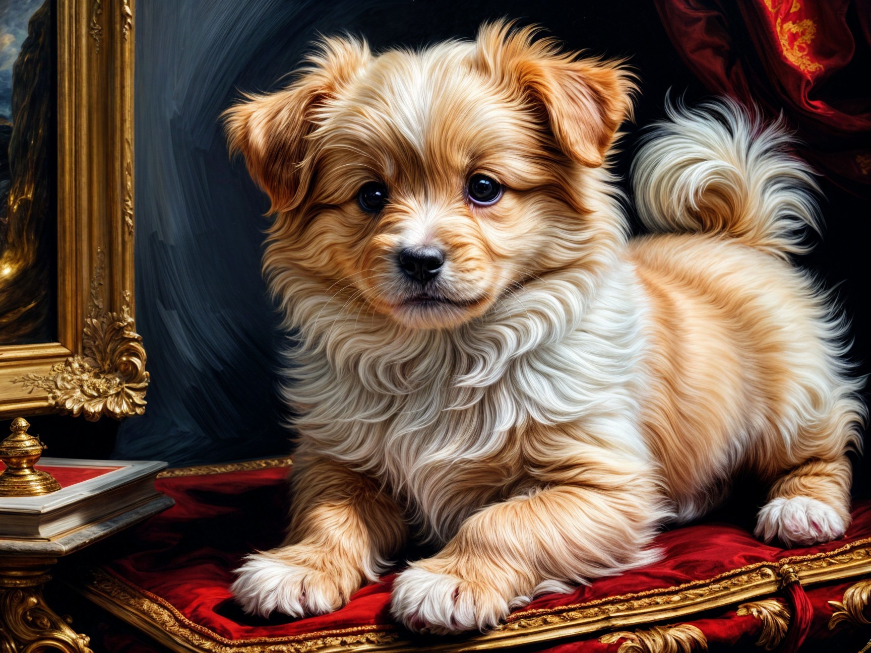 Fluffy Golden-Brown Puppy on Red Velvet Surface