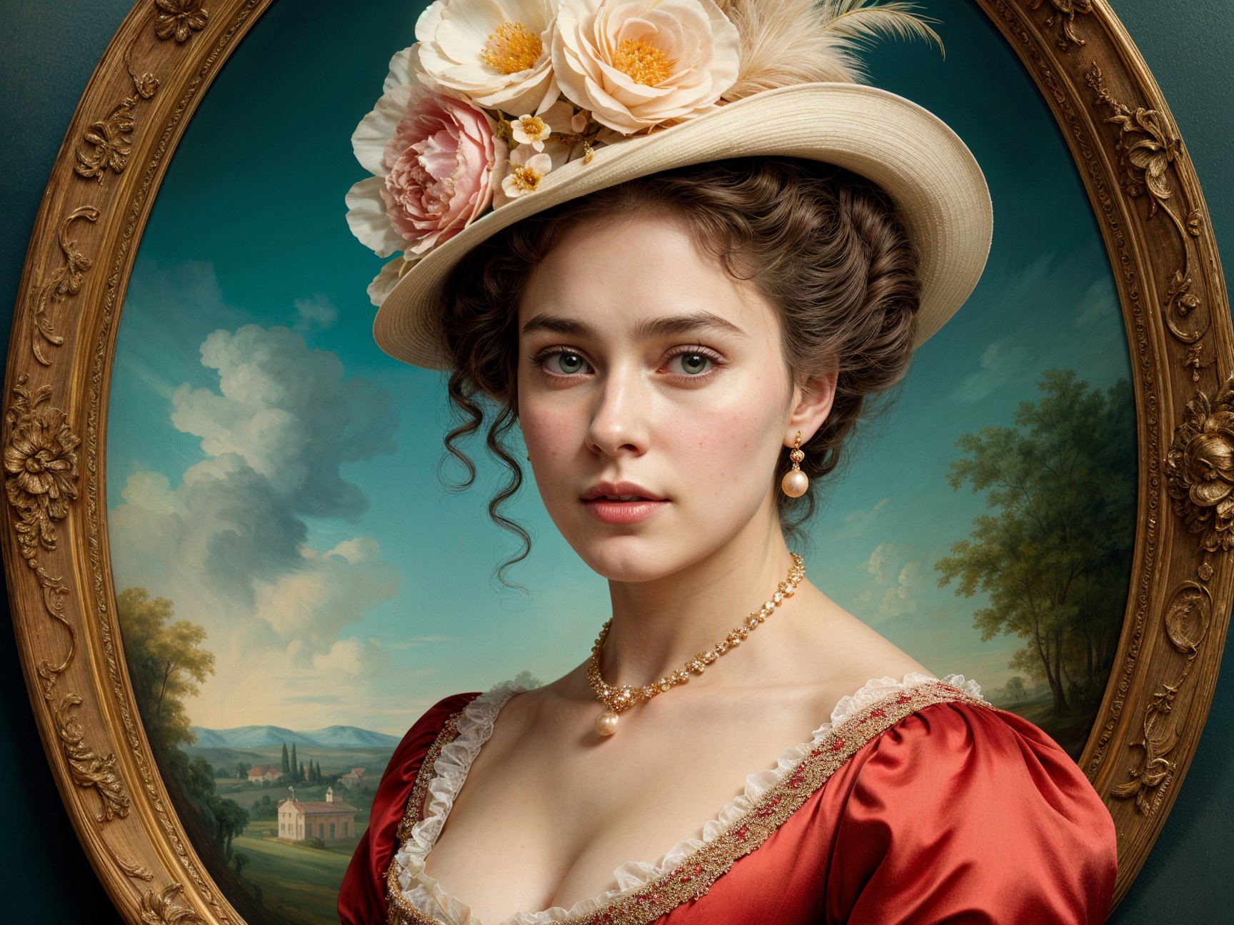 Young woman in vintage dress with floral hat and pearls