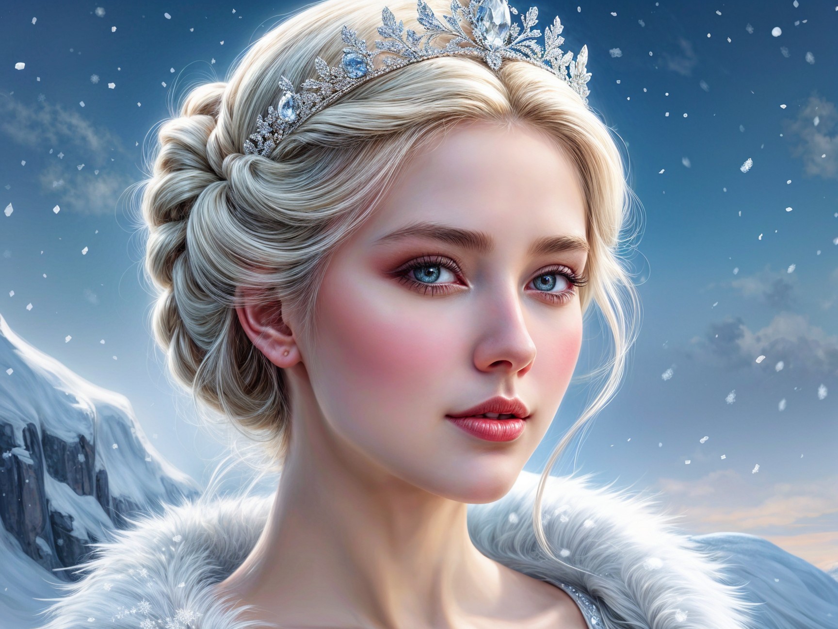 Young Woman in Crown Amidst Winter Wonderland