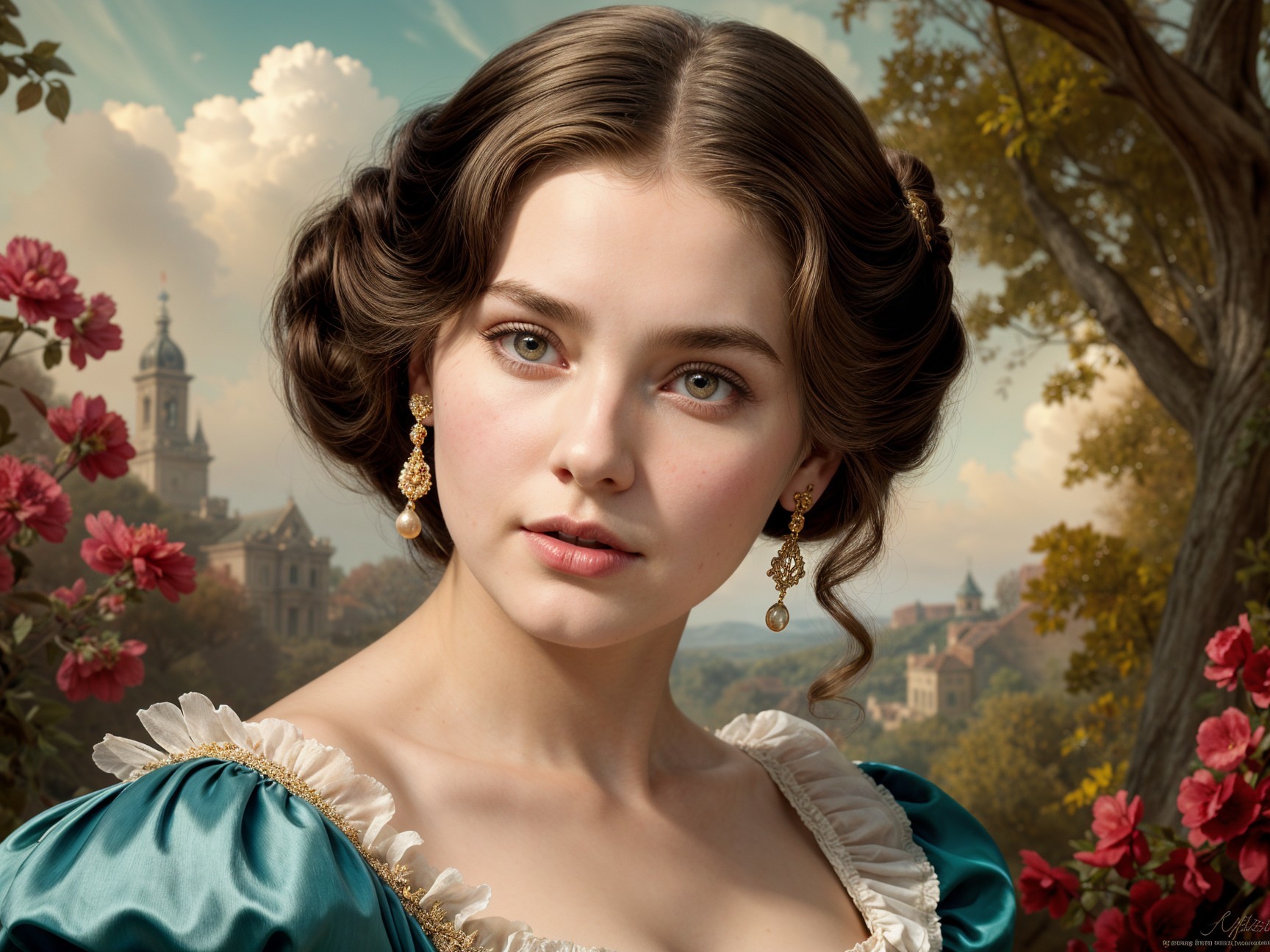Young woman in turquoise dress with lush backdrop