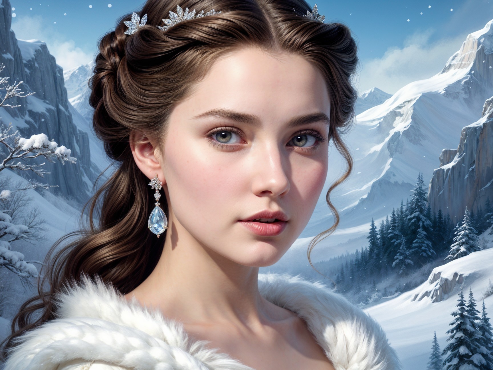 Young Woman in Winter Landscape with Butterflies and Fur Shawl