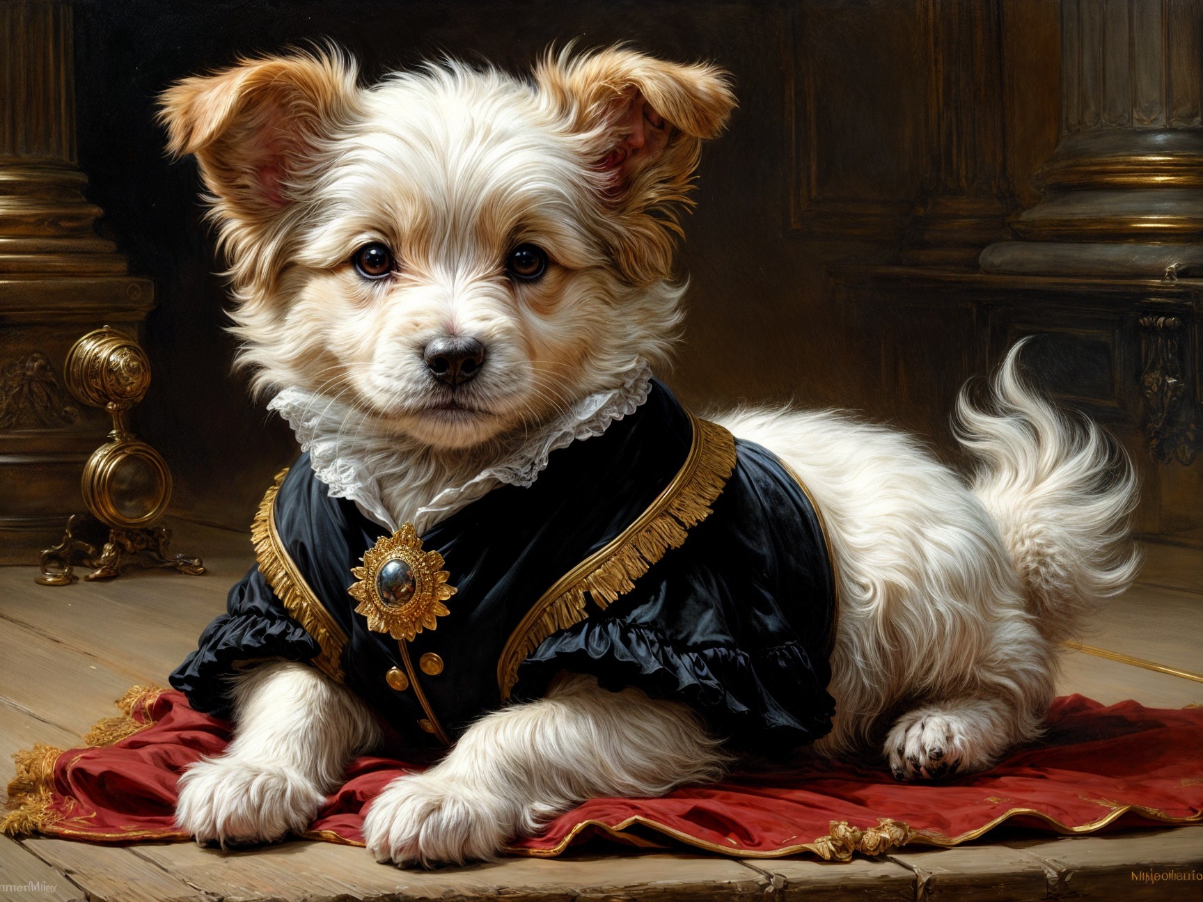 Puppy in Regal Outfit on Plush Red Carpet