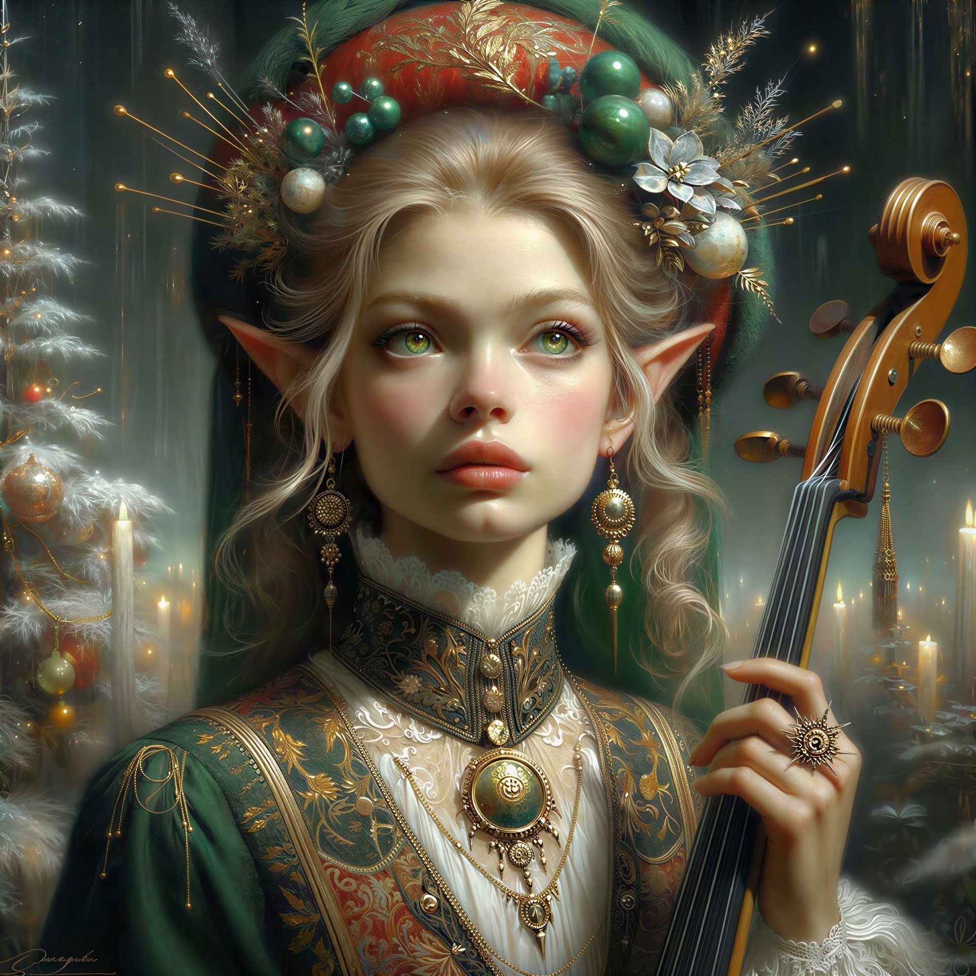 Whimsical Christmas Scene Featuring Half-Elf Character