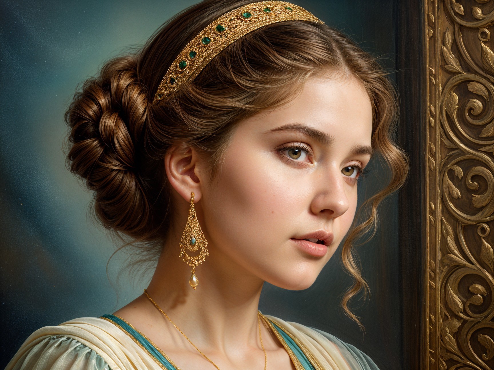 Elegant portrait of a young woman with golden accessories