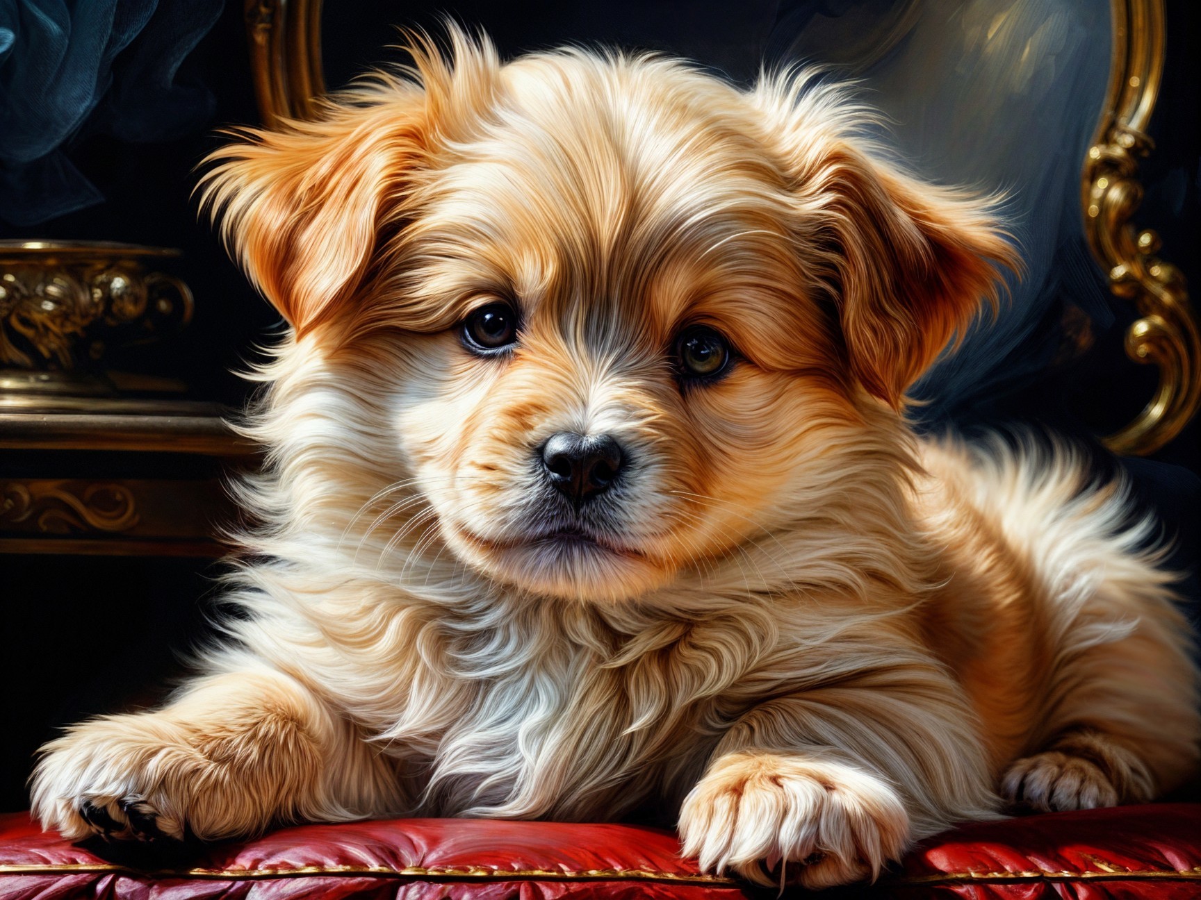 Golden Puppy Resting on Red Velvet Surface