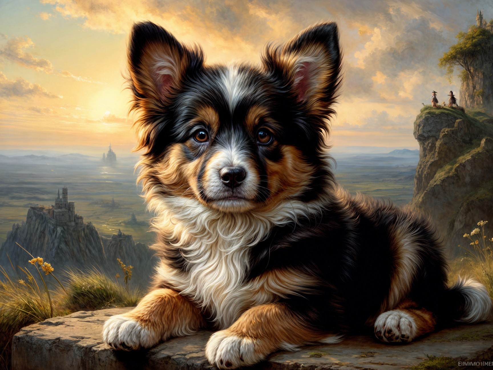 Fluffy Tri-Colored Dog on Rocky Outcrop at Sunset