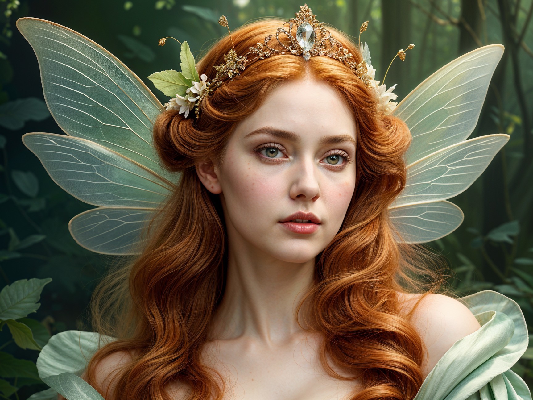 Fairy in Lush Forest with Red Hair and Wings