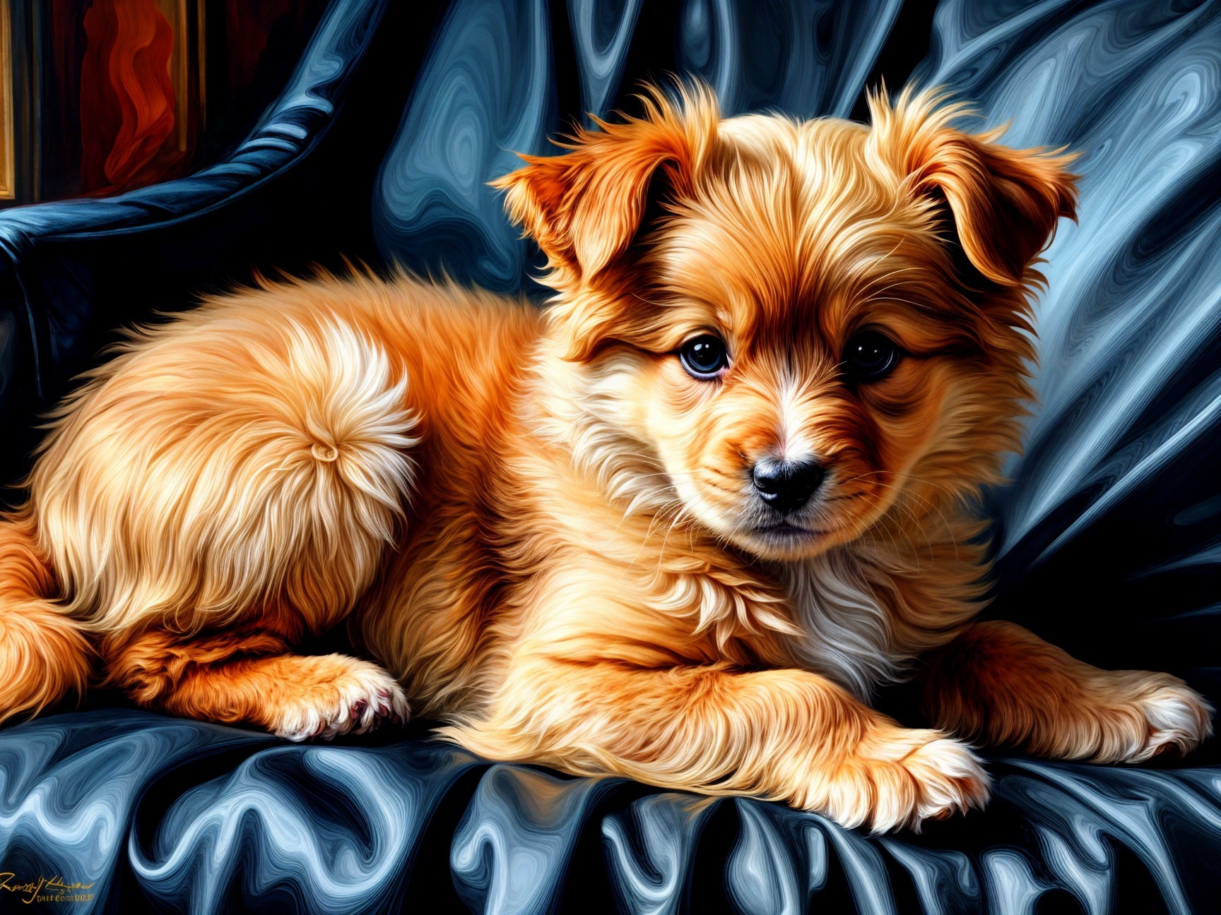 Fluffy Golden-Brown Puppy on Dark Blue Satin Fabric