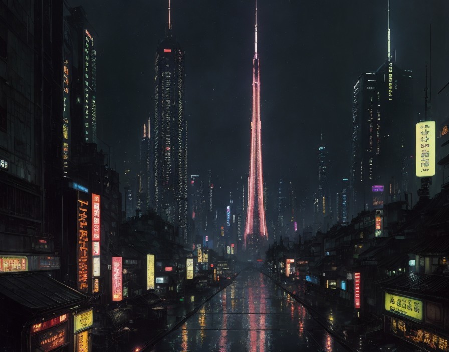 Futuristic cityscape at night: neon signs, slick streets, towering spire, red light