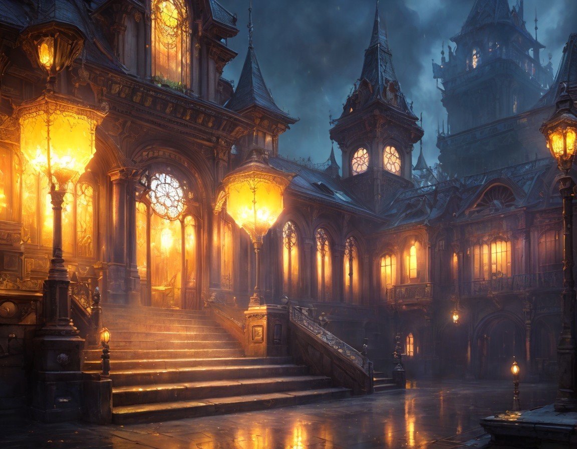 Illuminated Grand Building in Misty Twilight Scene