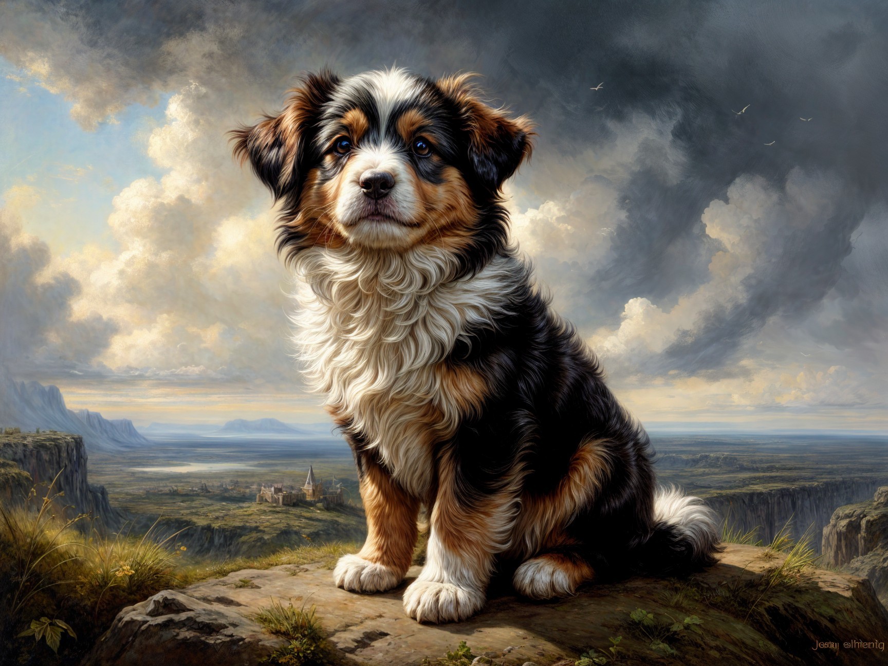 Tri-Colored Puppy on Rocky Outcrop with Scenic View