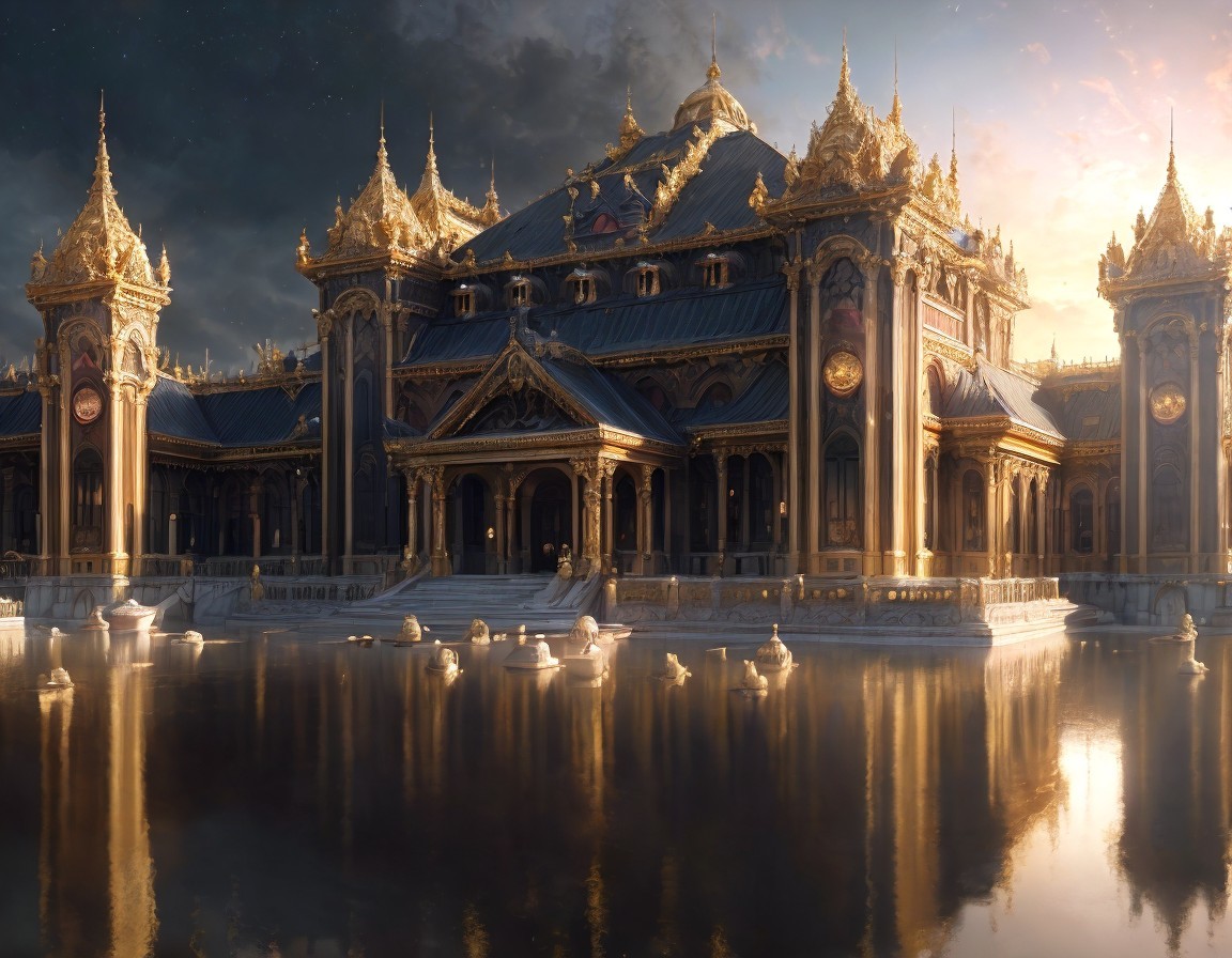 Golden palace reflecting on water at sunset