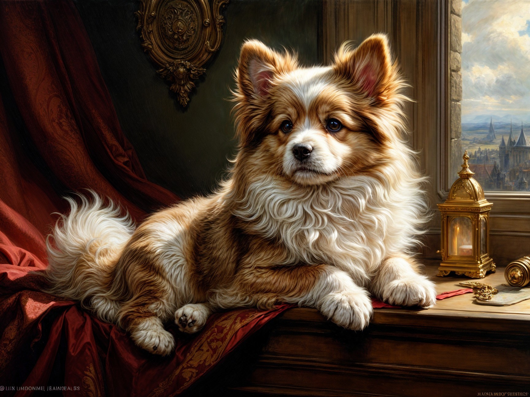 Fluffy Dog on Luxurious Windowsill with Scenic View