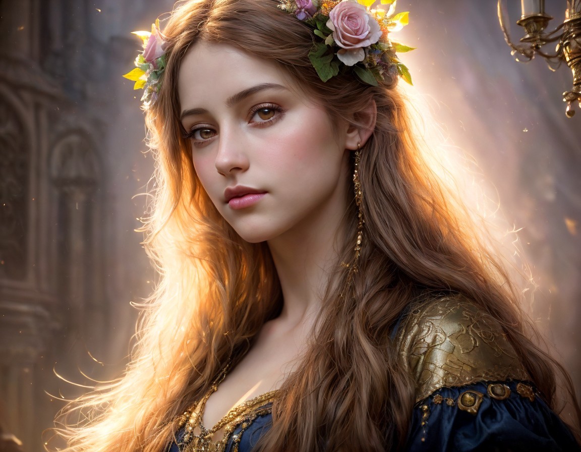Young woman in floral crown and medieval dress with golden earrings, backlit by warm glow