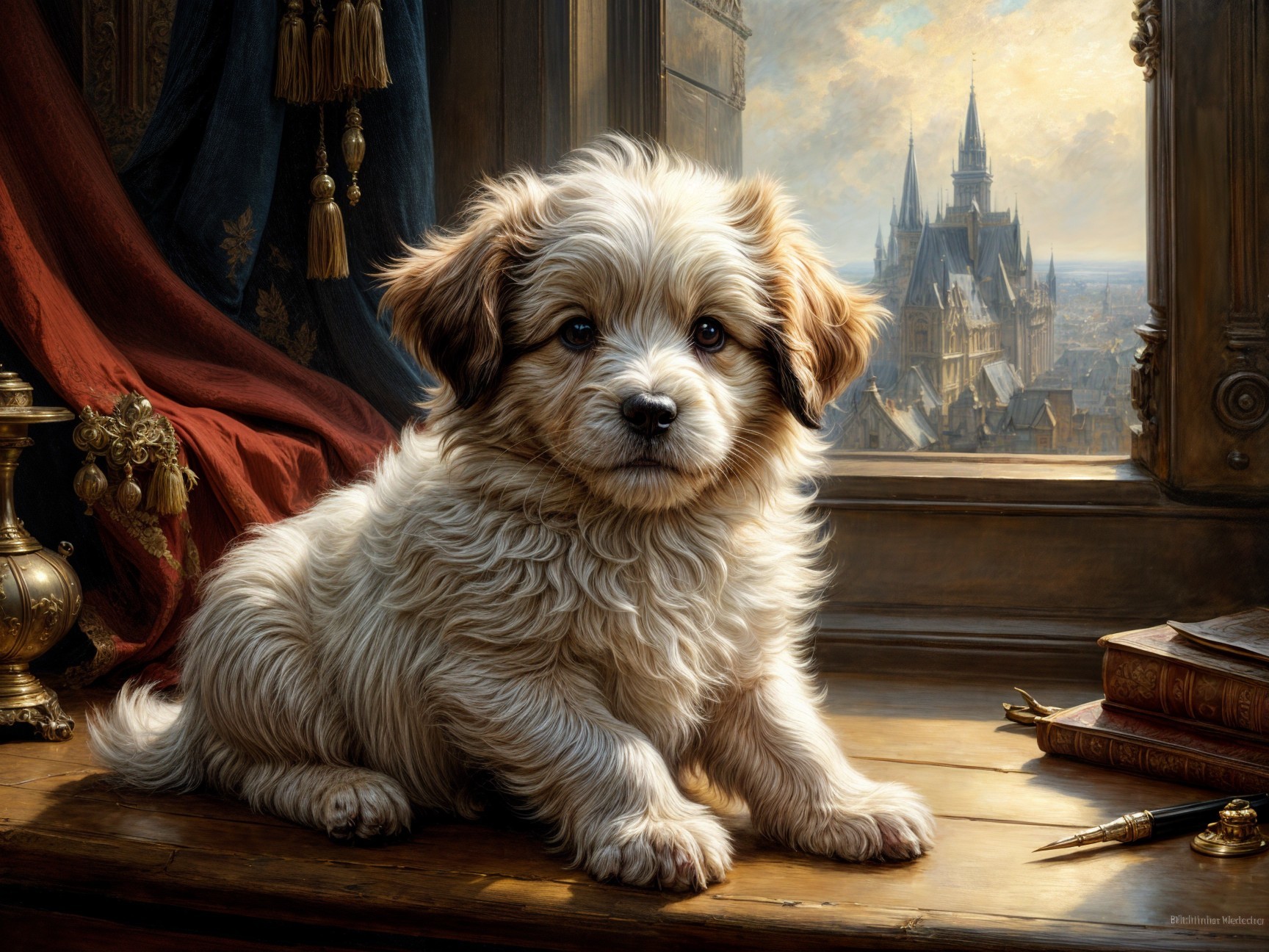 Fluffy Puppy on Table with Castle View Background