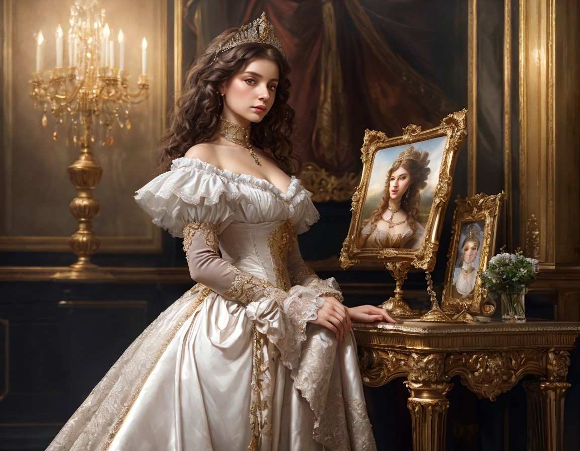 Elaborate historic ball gown and portraits in opulent room