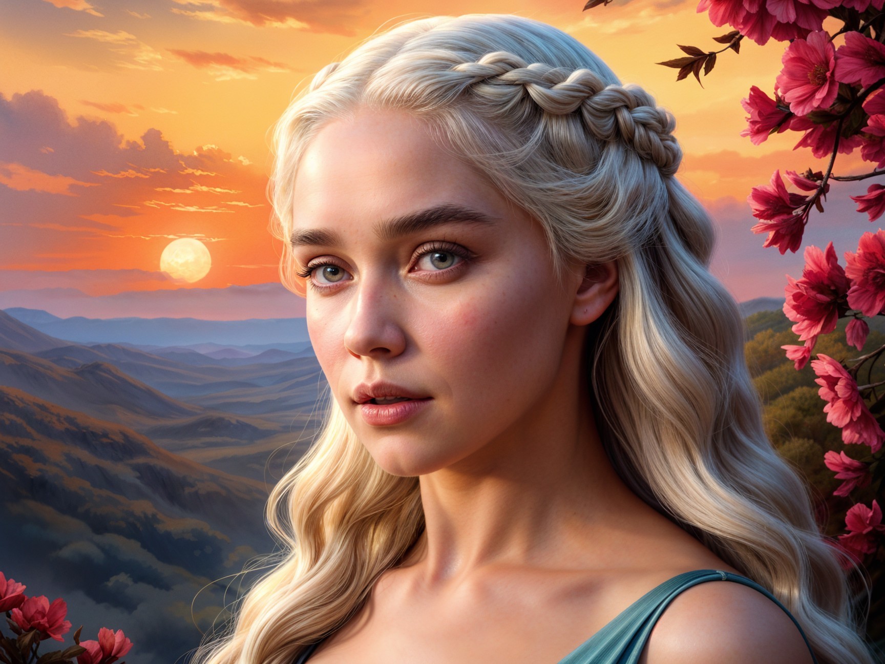 Young Woman with Braided Hair Against Sunset Backdrop