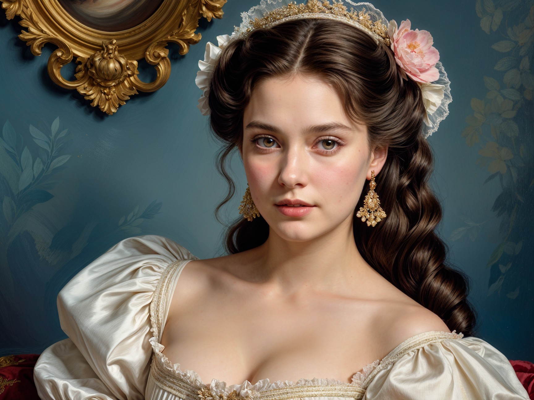 Portrait of a Young Woman in Elegant Off-Shoulder Gown