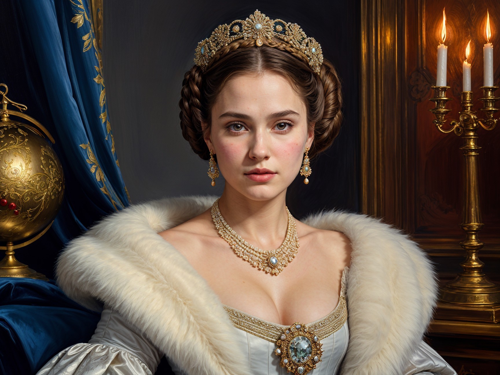 Regal Woman in Elegant Gown and Opulent Setting