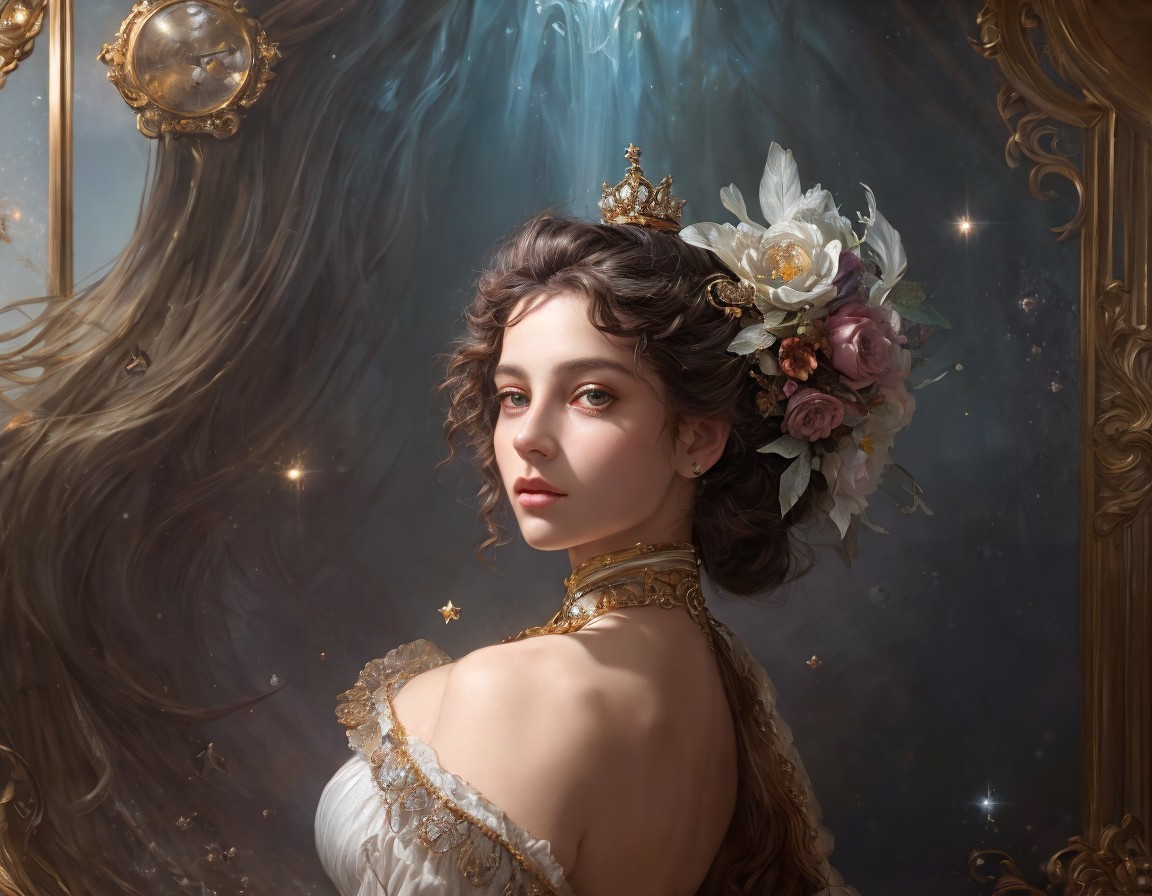Regal Woman with Crown and Floral Hairpiece in Mirror