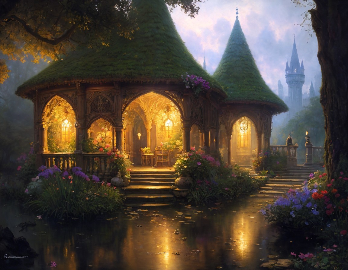 Quaint cottage with thatched roof amidst flowers, castle in misty backdrop