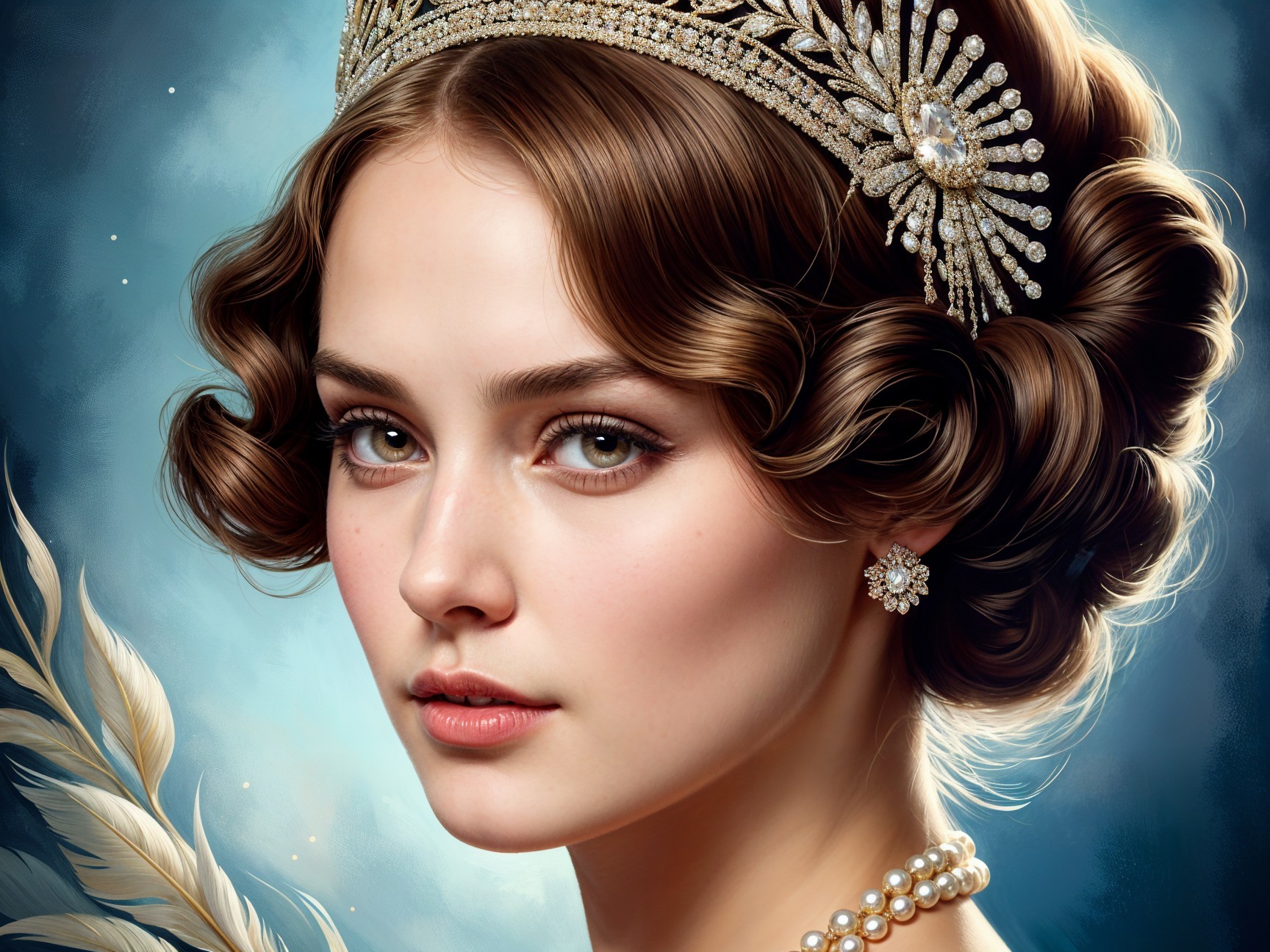 Elegant Young Woman with Tiara and Pearl Jewelry
