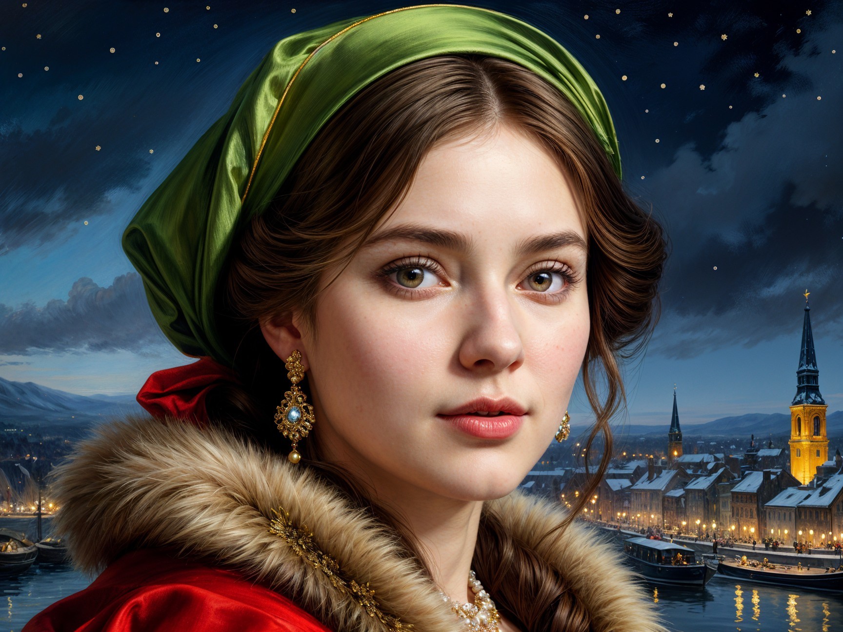 Young woman in red cloak against winter cityscape