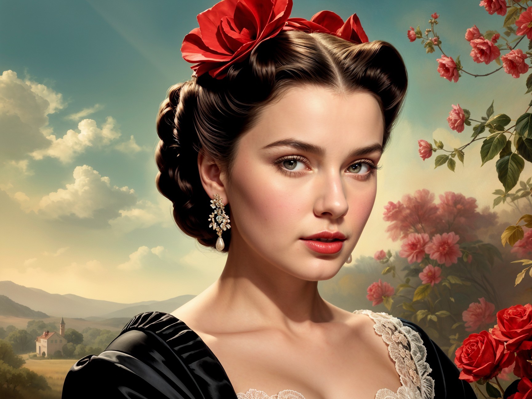 Young woman in black dress with roses in serene landscape