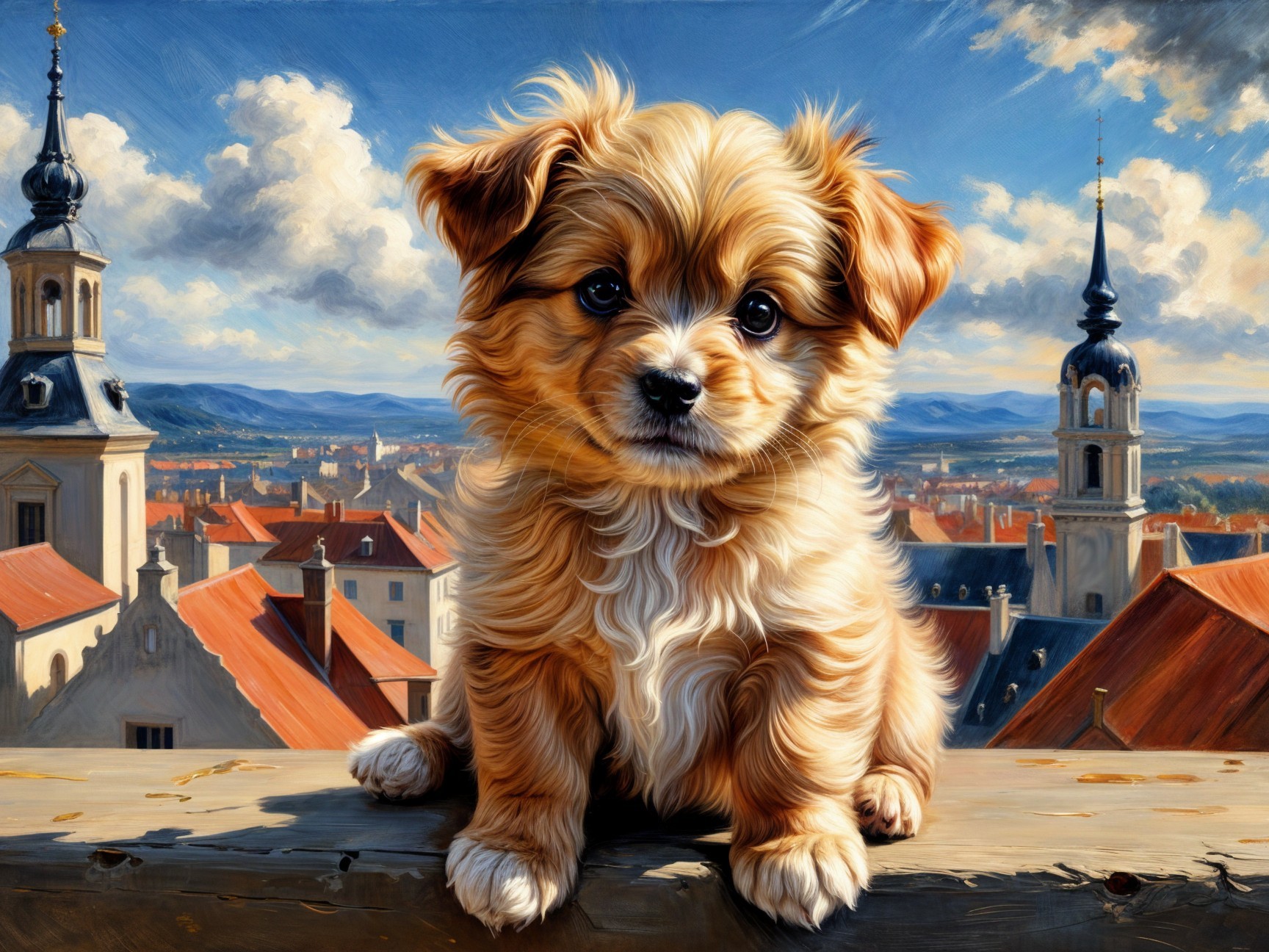 Fluffy Golden-Brown Puppy with Scenic Skyline Background