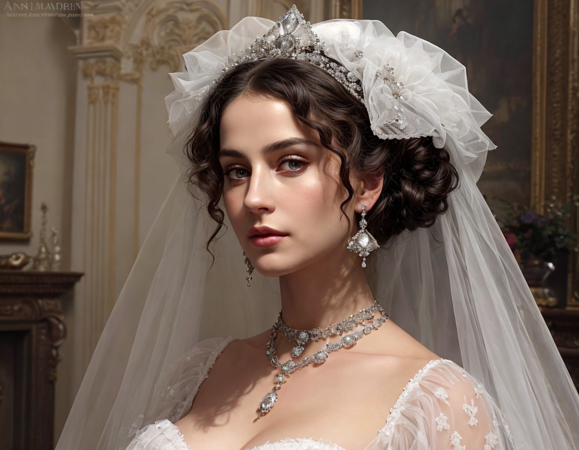 Bride in white dress and tiara with elegant jewelry in vintage setting