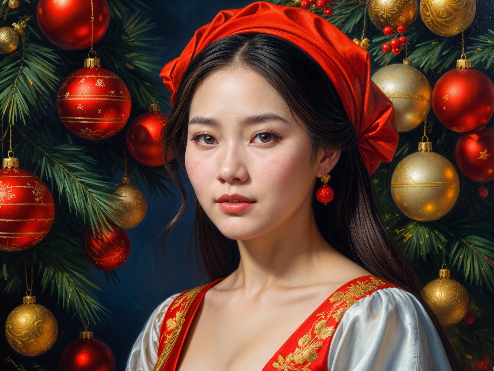 Young woman in festive dress with red headdress and ornaments