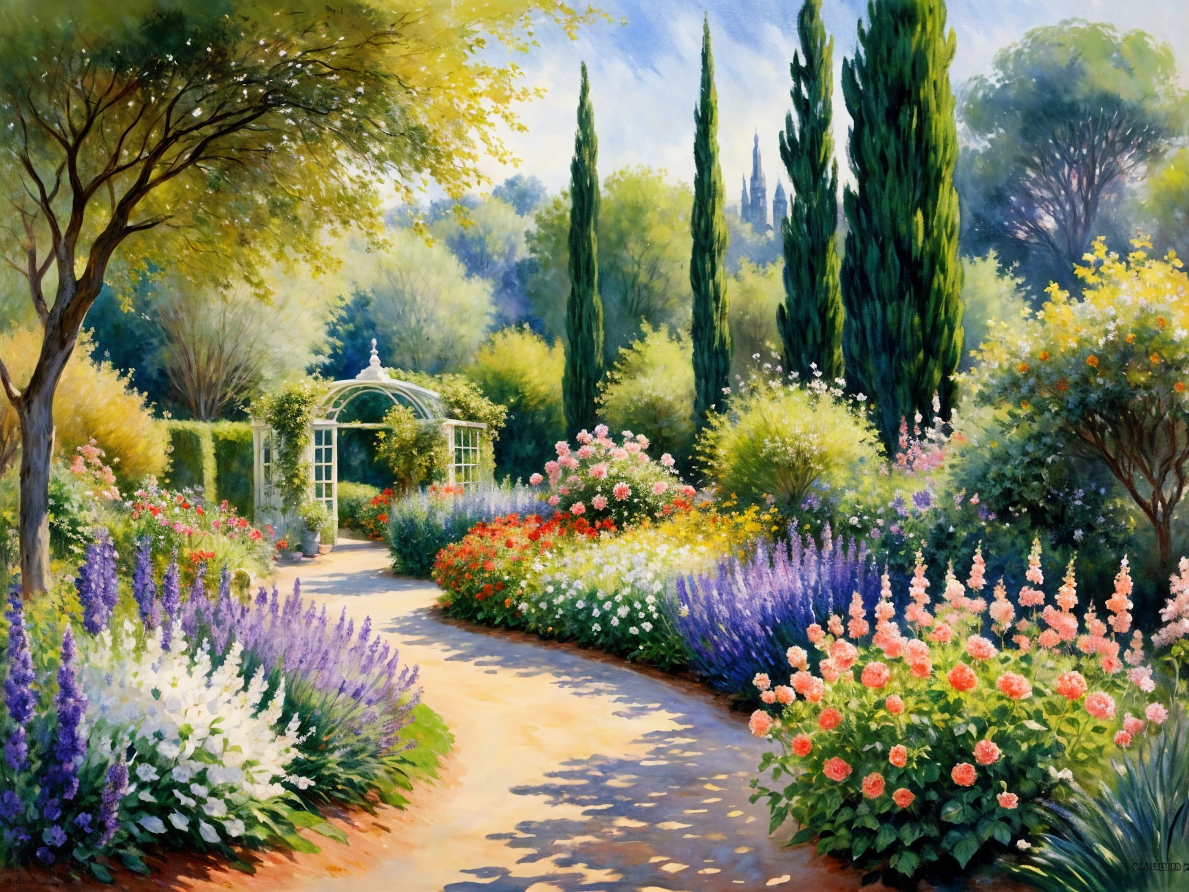 Vibrant Garden Pathway Surrounded by Colorful Flowers