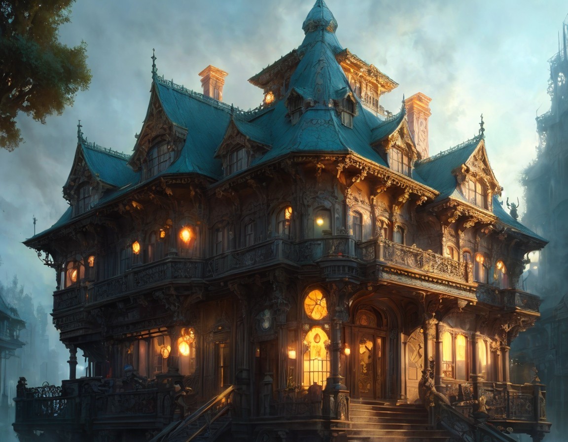 Ornate mansion with intricate carvings and blue rooftops