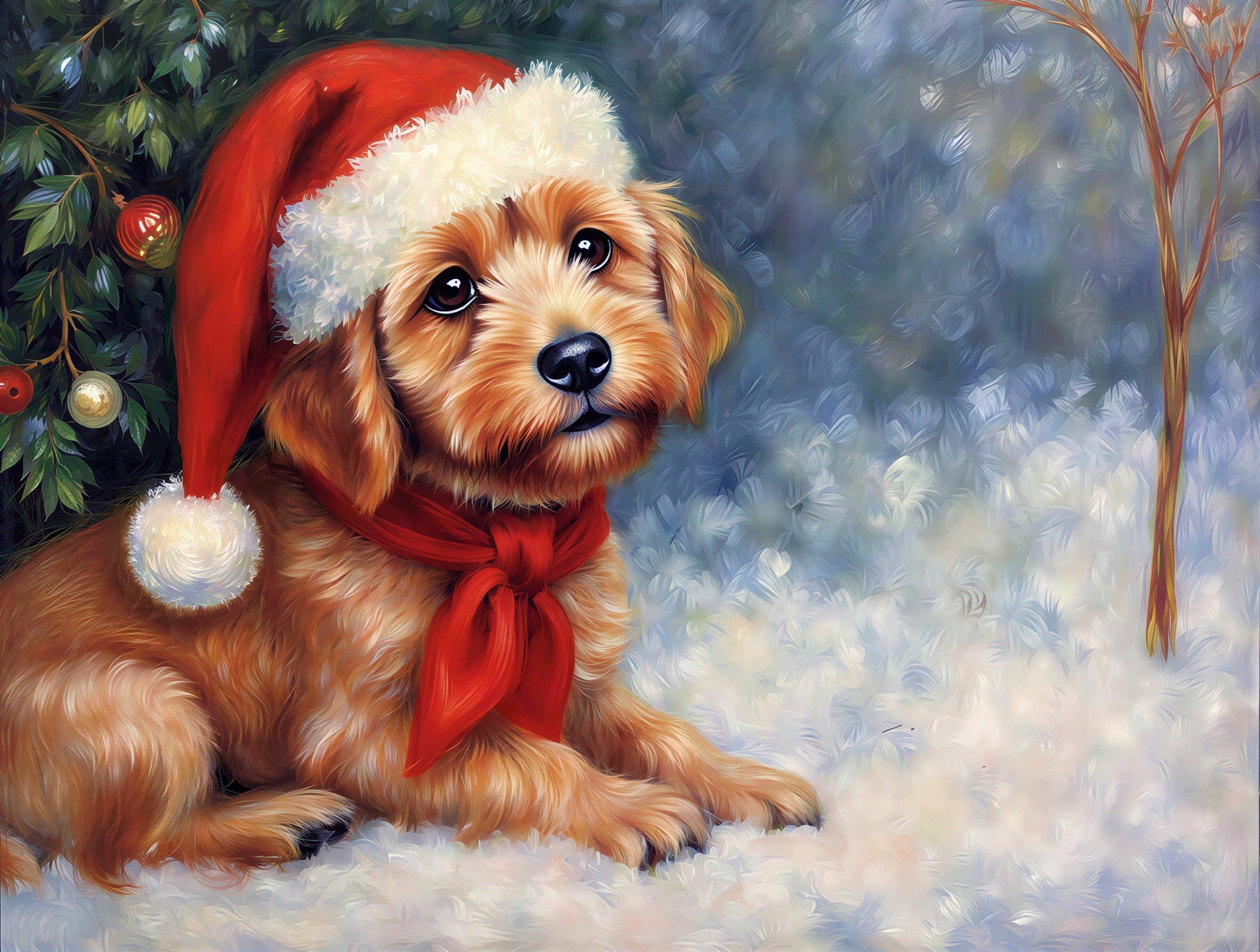 Cute Puppy in Santa Hat in Snowy Landscape Painting