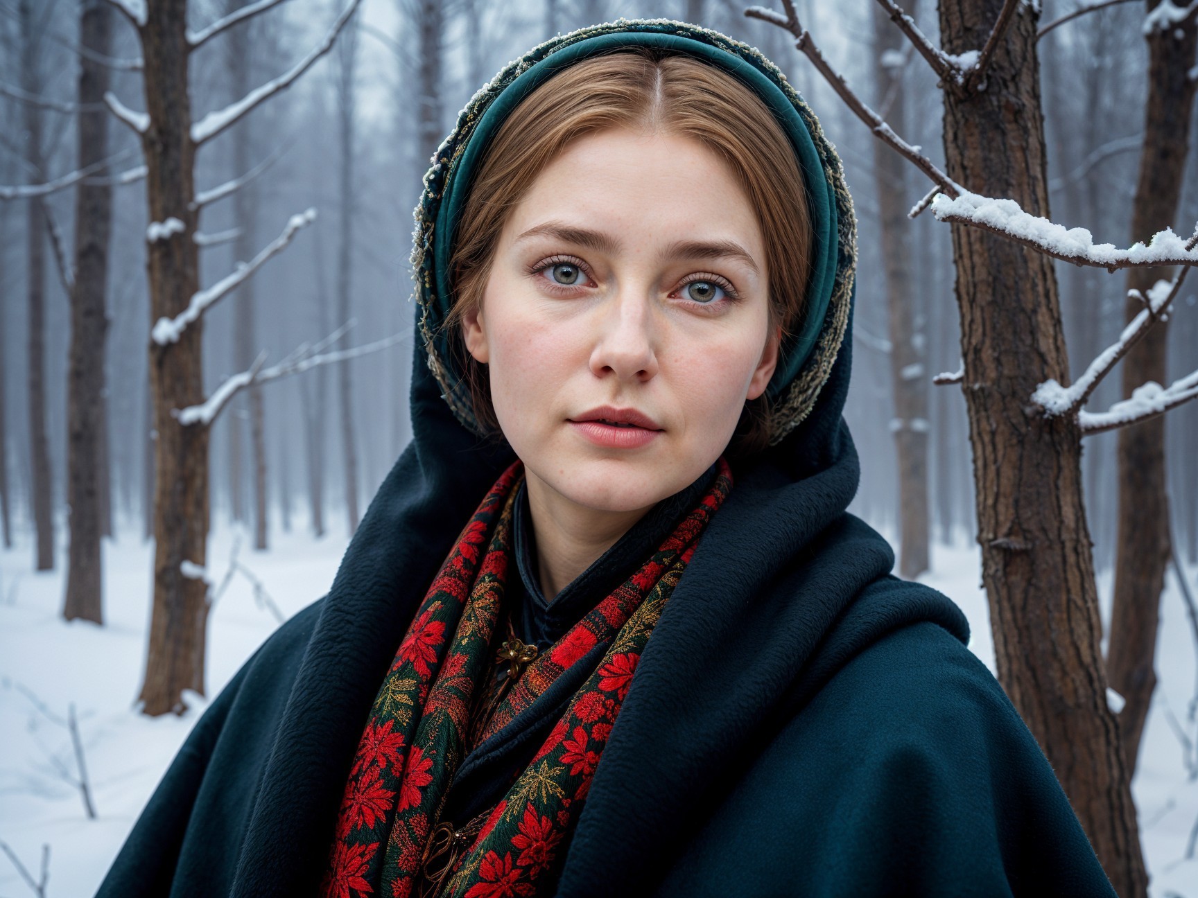 Young Woman in Cloak in Snowy Forest Setting