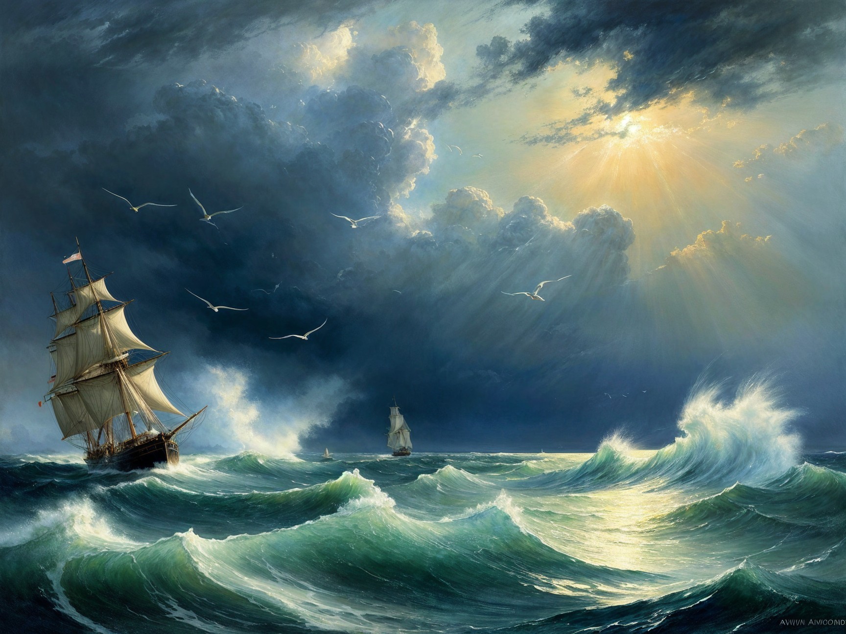 Sailing Ship Faces Waves Under Dramatic Sky