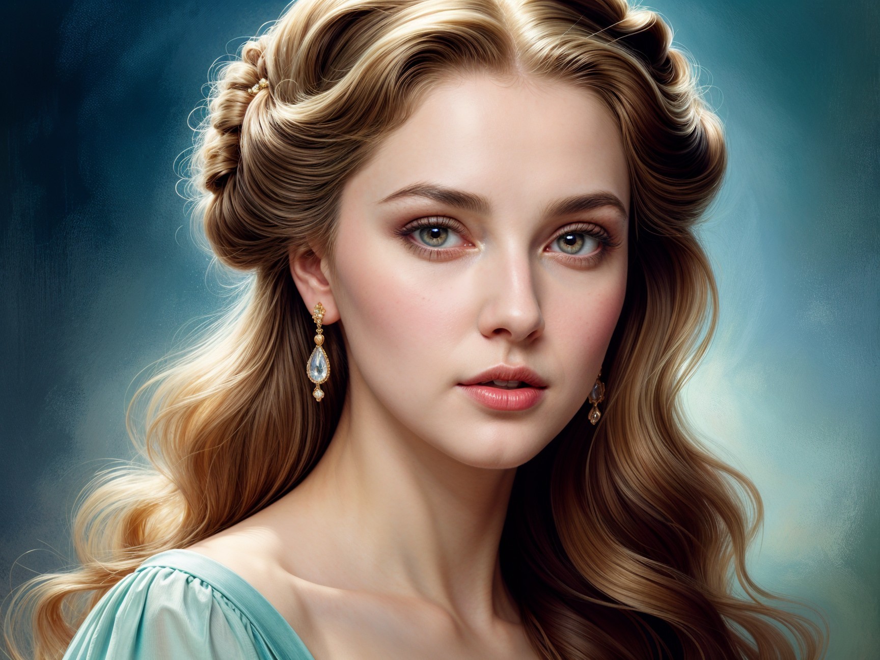 Portrait of a woman with green eyes and blue dress