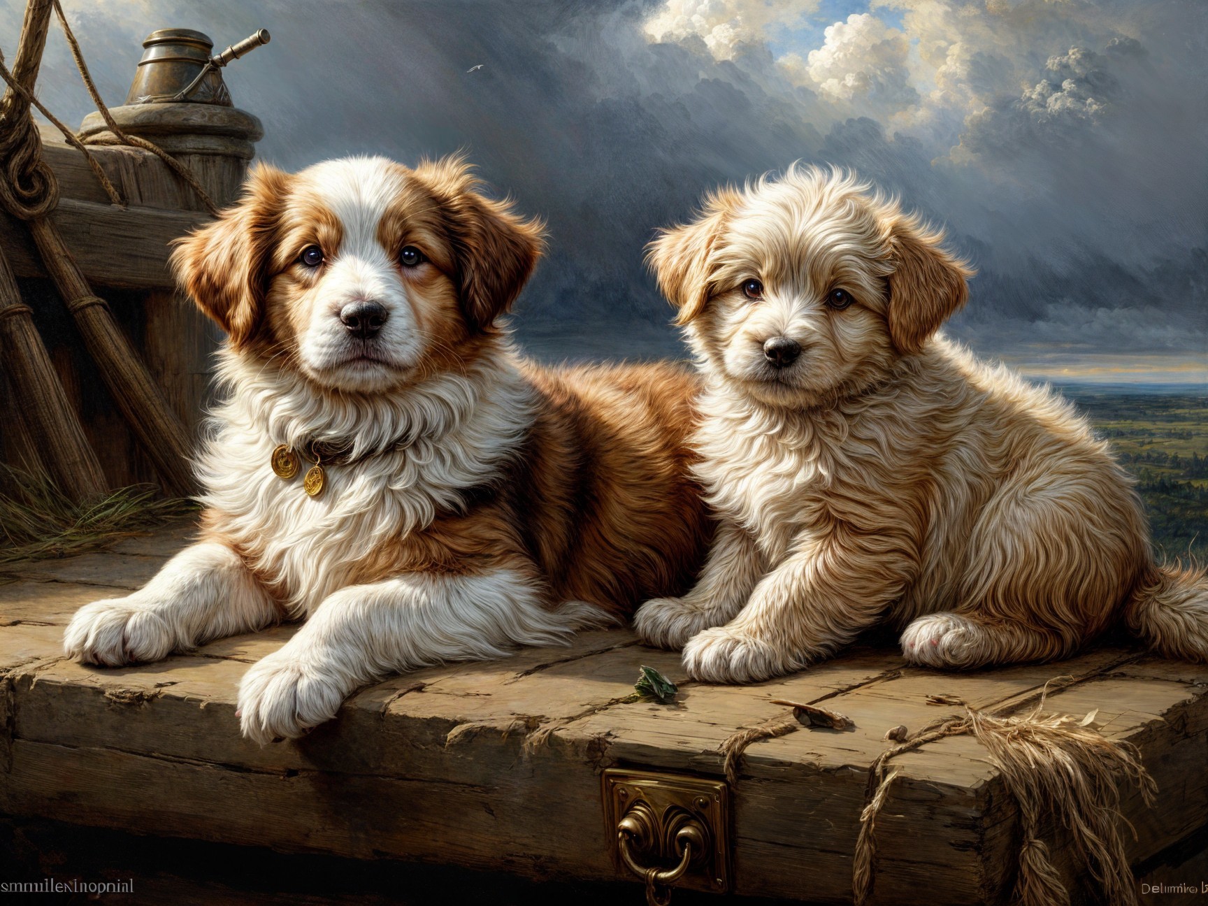 Puppies on a Wooden Platform in a Scenic Setting