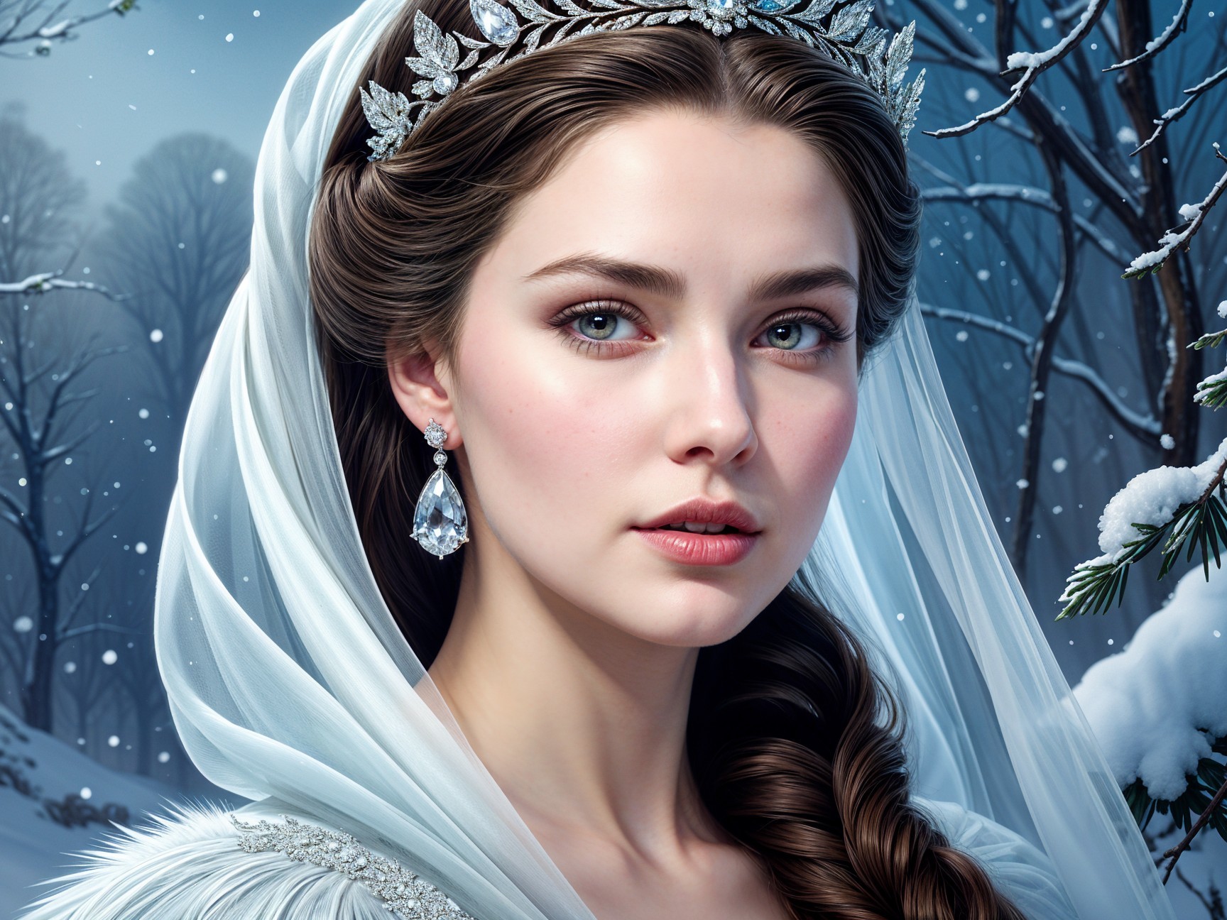 Young woman in winter landscape with tiara and cloak