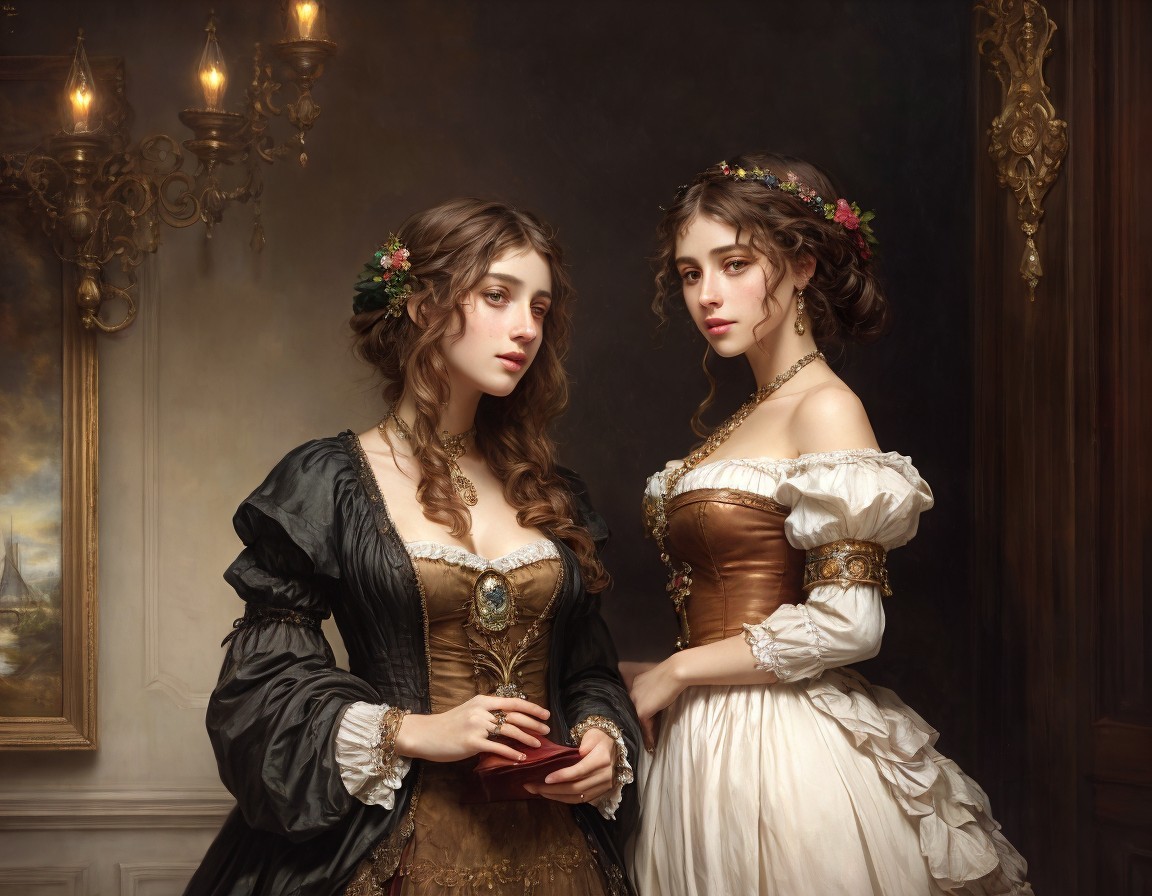 Women in Historical Dresses in Ornate Room Setting