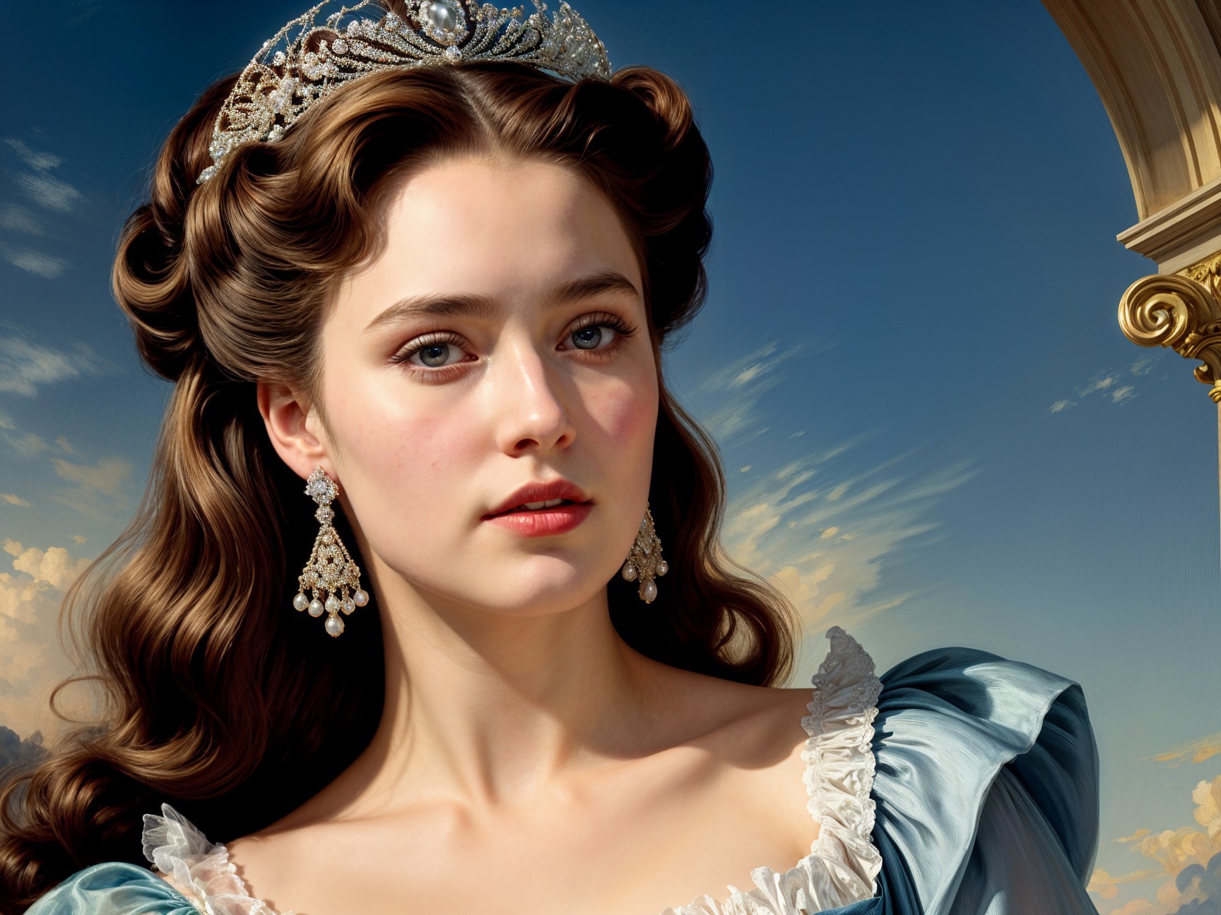 Young Woman in Elegant Blue Gown with Tiara