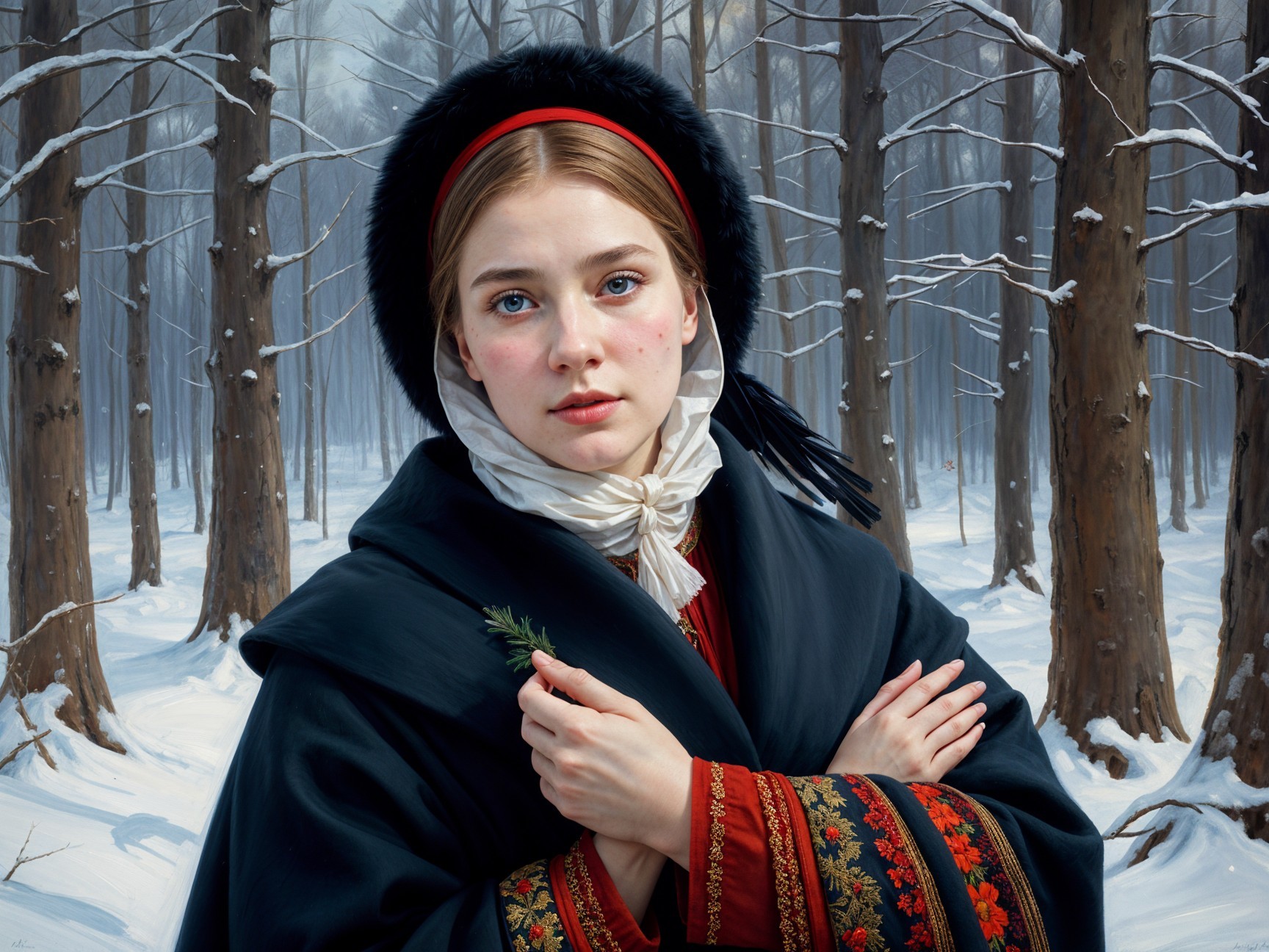 Young Woman in Winter Forest with Dark Cloak and Hat