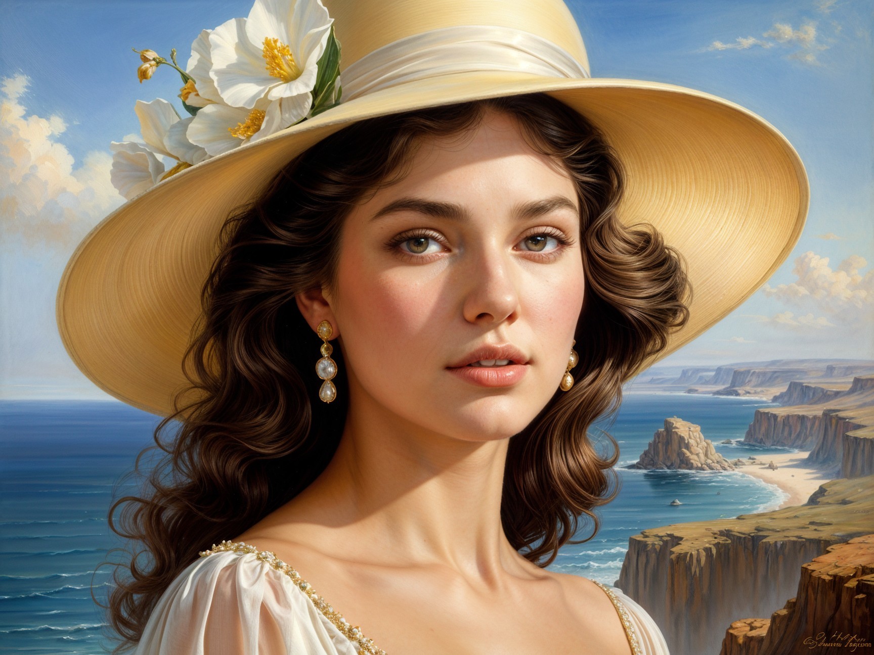 Young Woman in Straw Hat Against Coastal Landscape