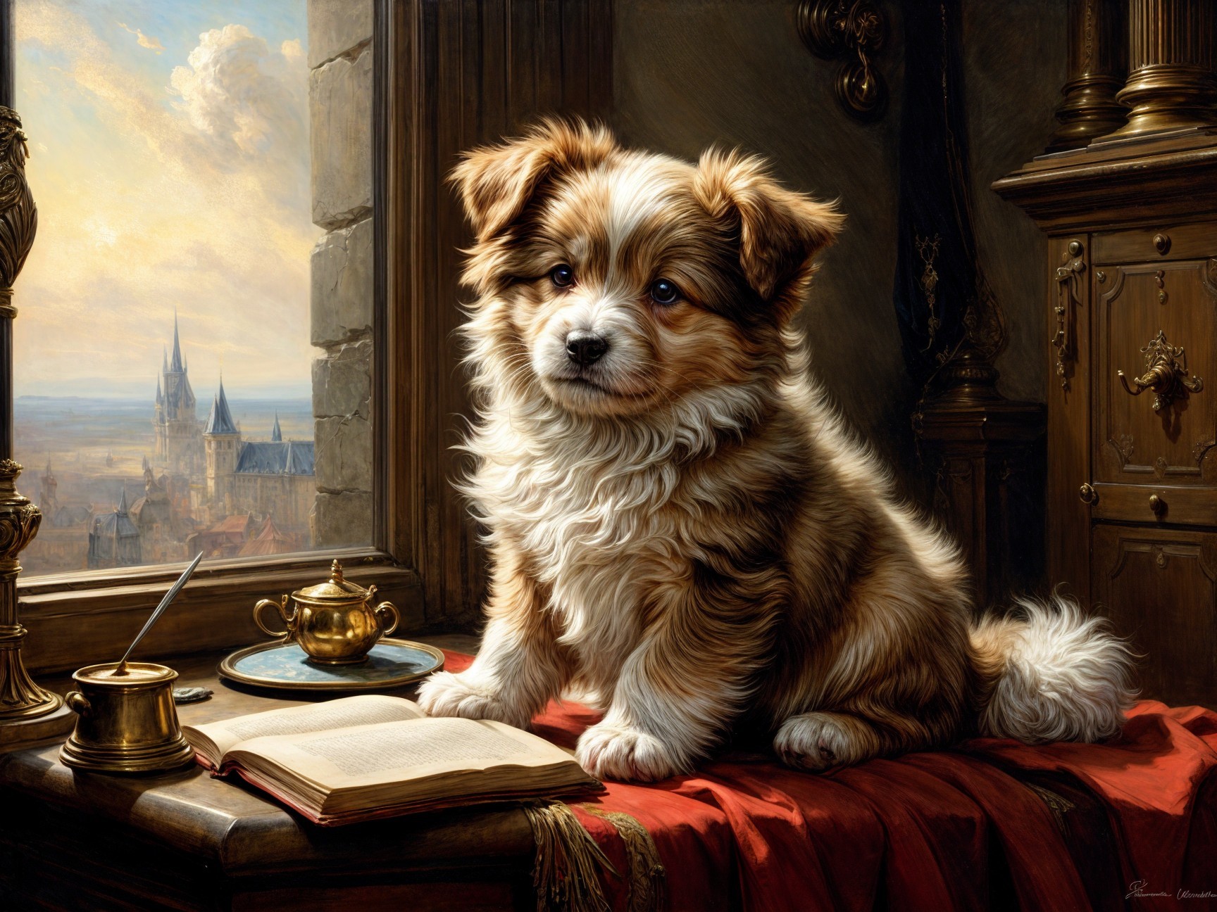 Fluffy Brown-and-White Puppy on Elegant Table Setting